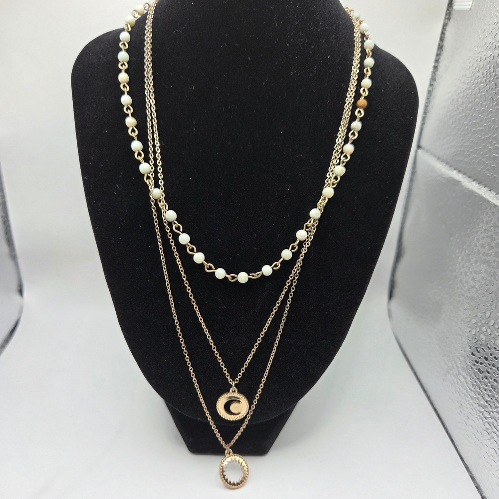 Gold Tone Triple Strand Celestial Moon Sun Mixed Gemstone Bead Necklace 18"